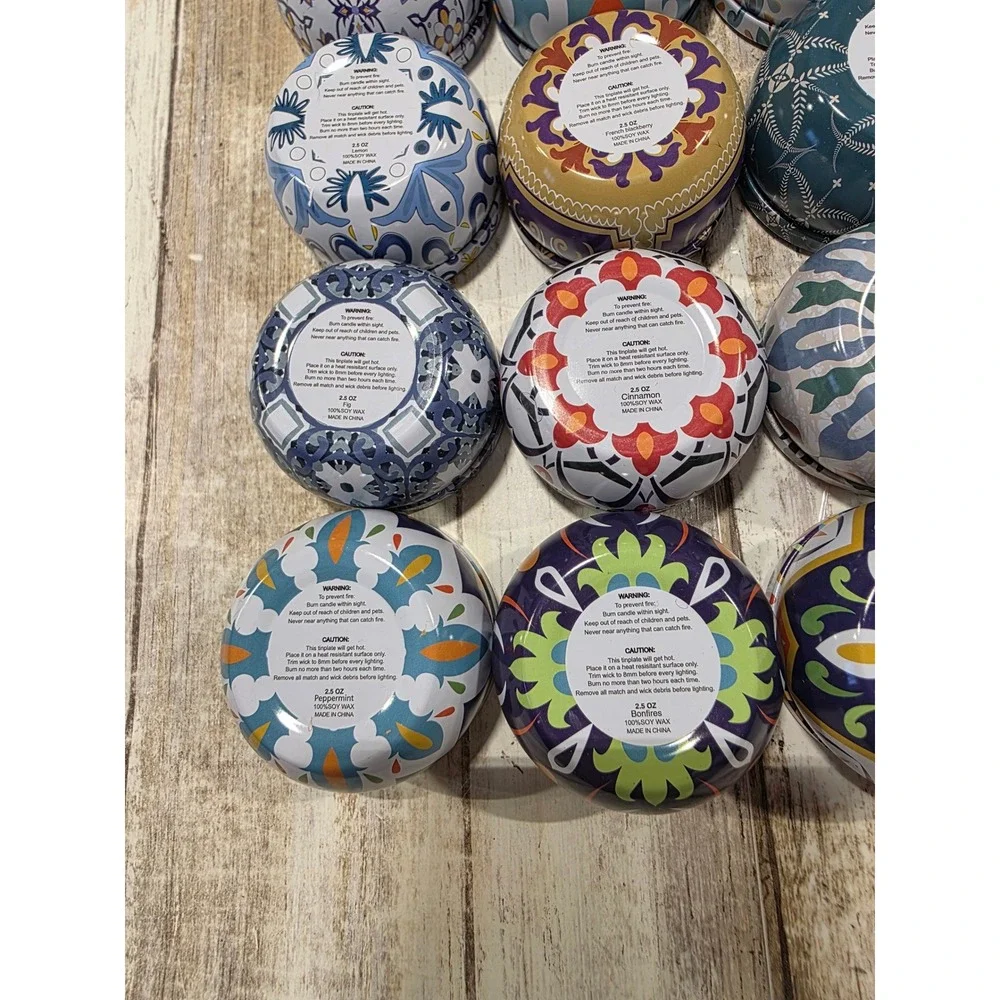 12 Pack Scented Soy Wax Candles in Decorative Boho Tins 2.5oz Each Gift‎ Set